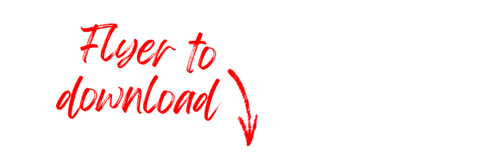 Red lipstick script lettering reads "Flyer to download" with a curved arrow pointing down toward a button.