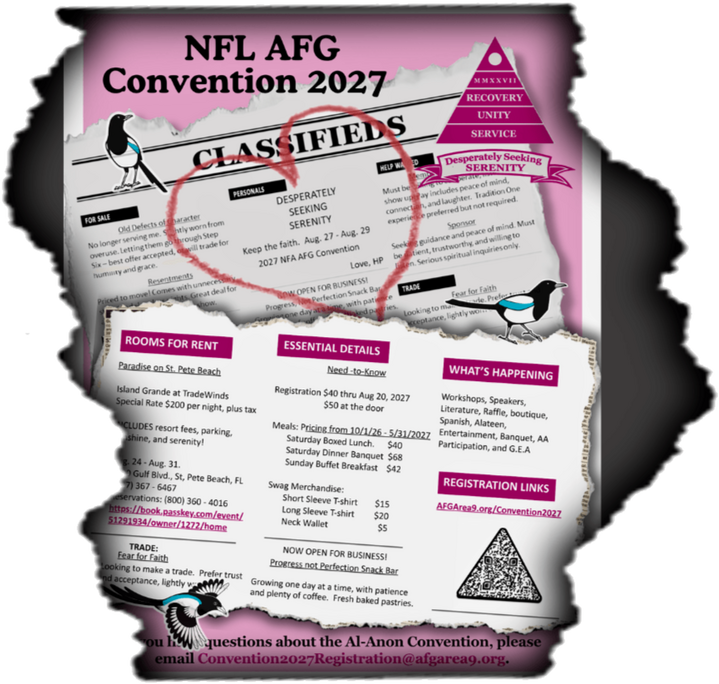 Torn paper strip reveals publicity flyer in English for the 2027 Al-Anon Convention Seeking Serenity Edition, held August 27-29, with event details, registration, and contact info hidden underneath.