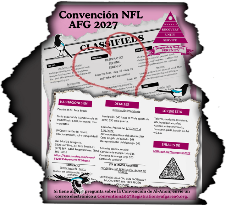 Folleto de Convención - Español Torn paper strip reveals publicity flyer in Spanish for the 2027 Al-Anon Convention Seeking Serenity Edition, held August 27-29, with event details, registration, and contact info hidden underneath.