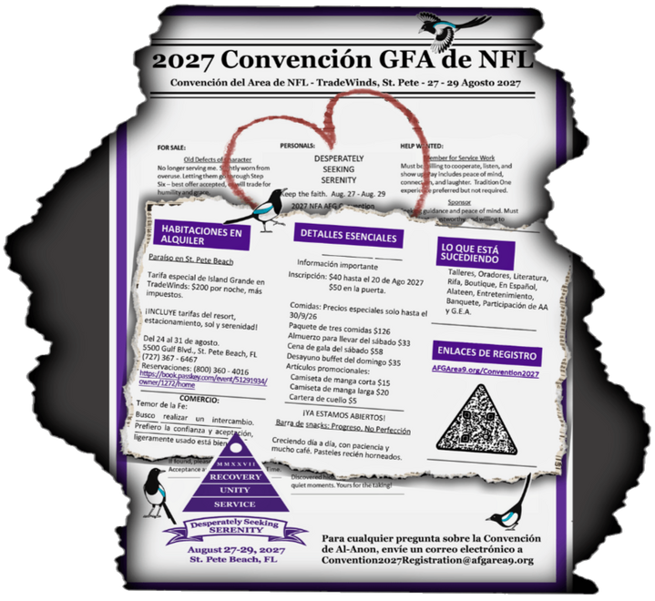 Torn paper strip reveals publicity flyer in Spanish for the 2027 Al-Anon Convention Seeking Serenity Edition, held August 27-29, with event details, registration, and contact info hidden underneath.