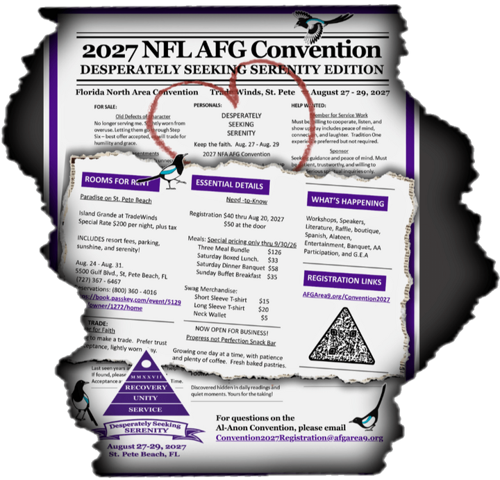 Convention Flyer - English Torn paper strip reveals publicity flyer in English for the 2027 Al-Anon Convention Seeking Serenity Edition, held August 27-29, with event details, registration, and contact info hidden underneath.